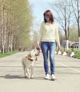 Frau mit Hund an Leine